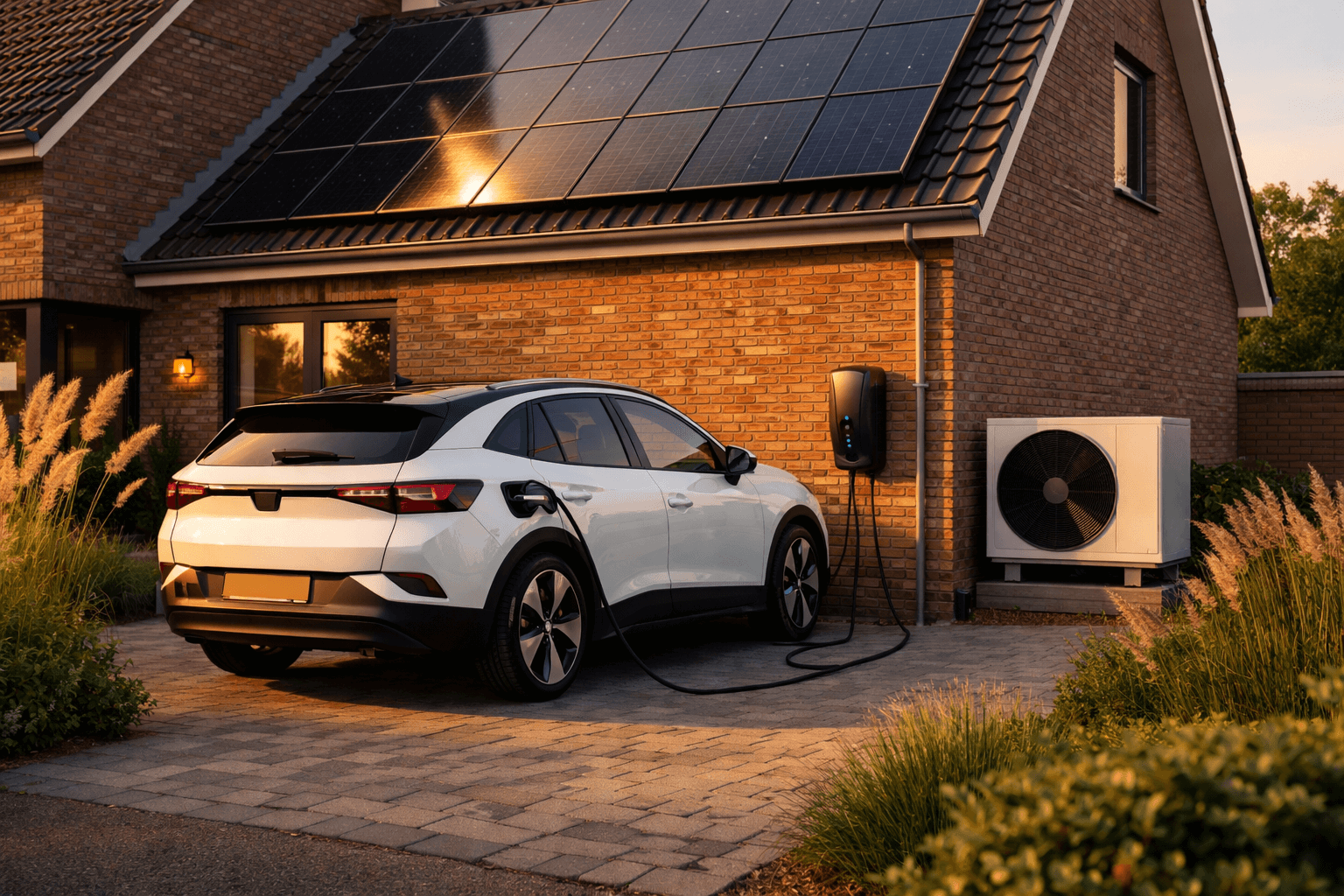 Elektrische auto laadt bij een woning met zonnepanelen en warmtepomp