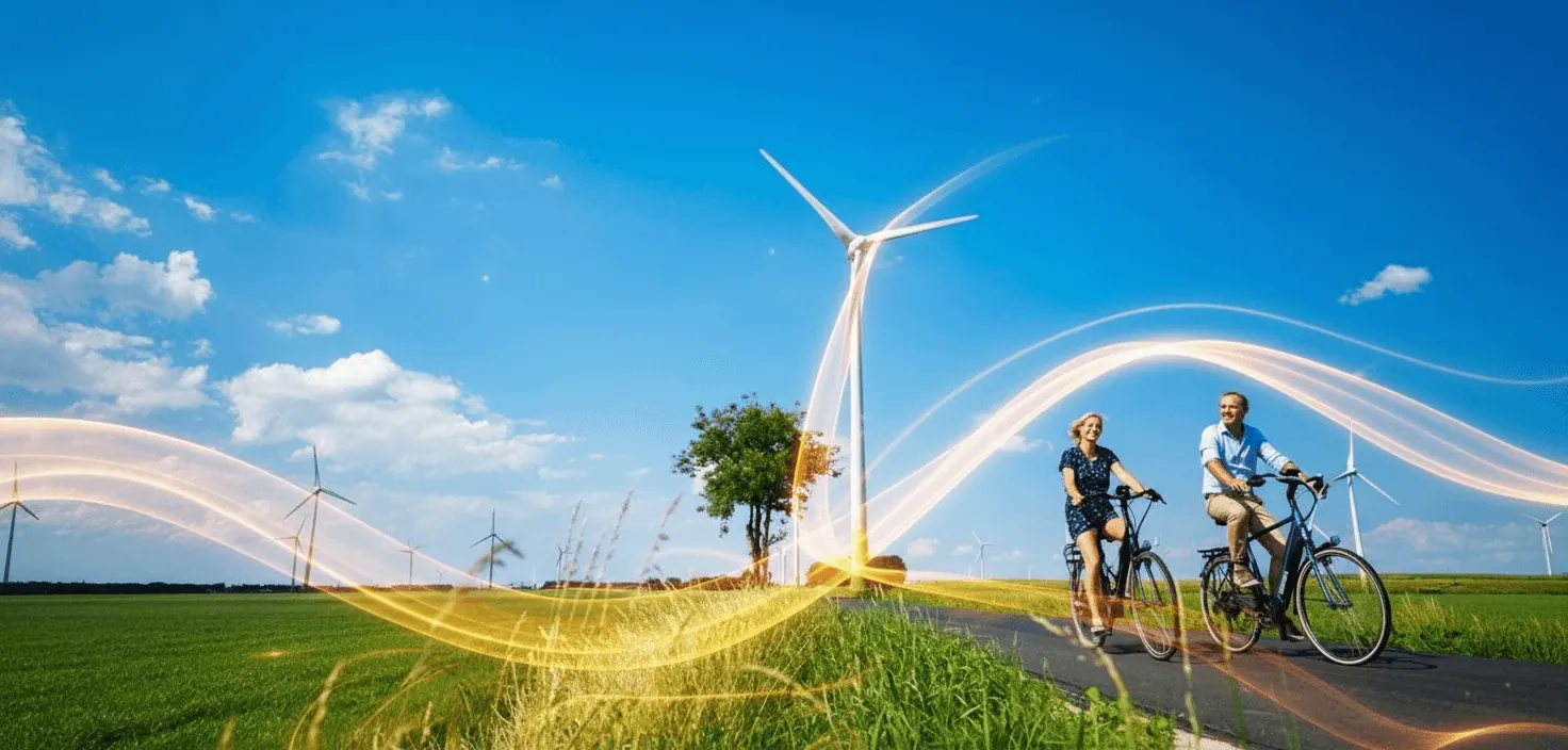 Windmolens in een weiland met fietsers op een landweg
