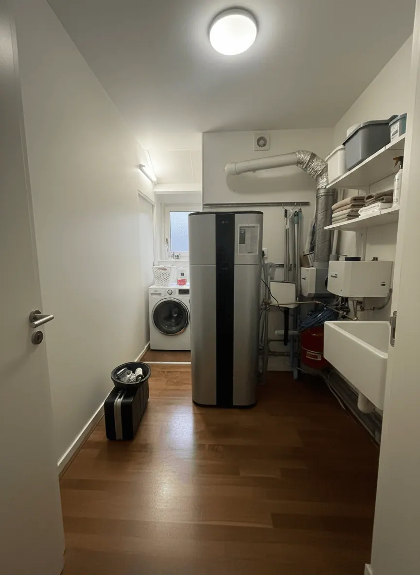 Elektrische boiler in een bijkeuken naast de wasmachine