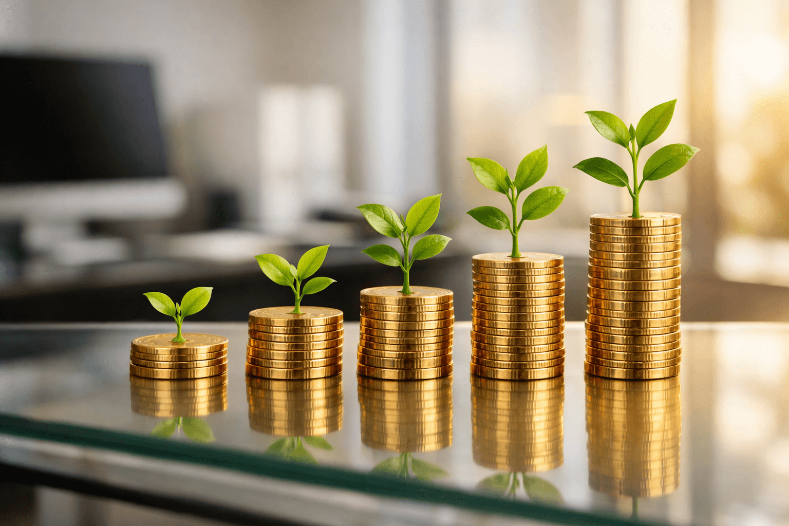 Stapels munten met groeiende plantjes als beeld voor financiering