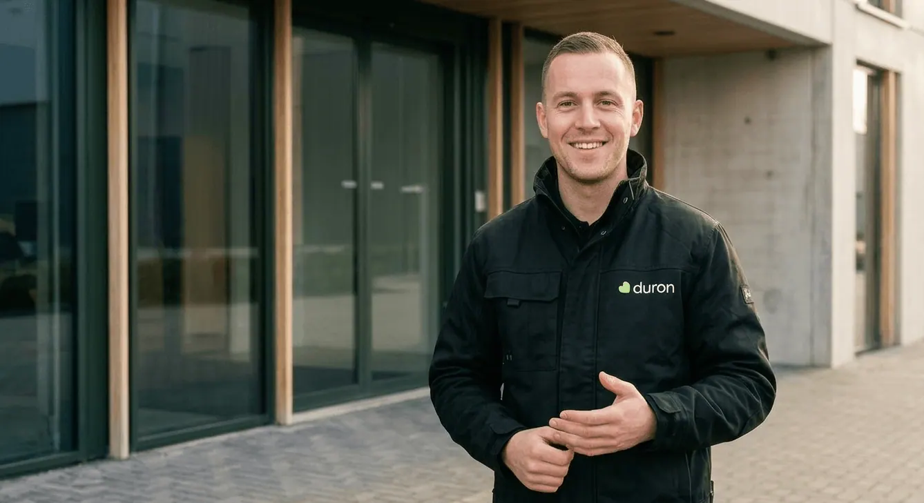 Lachende medewerker in Duron-bedrijfskleding voor het bedrijfspand
