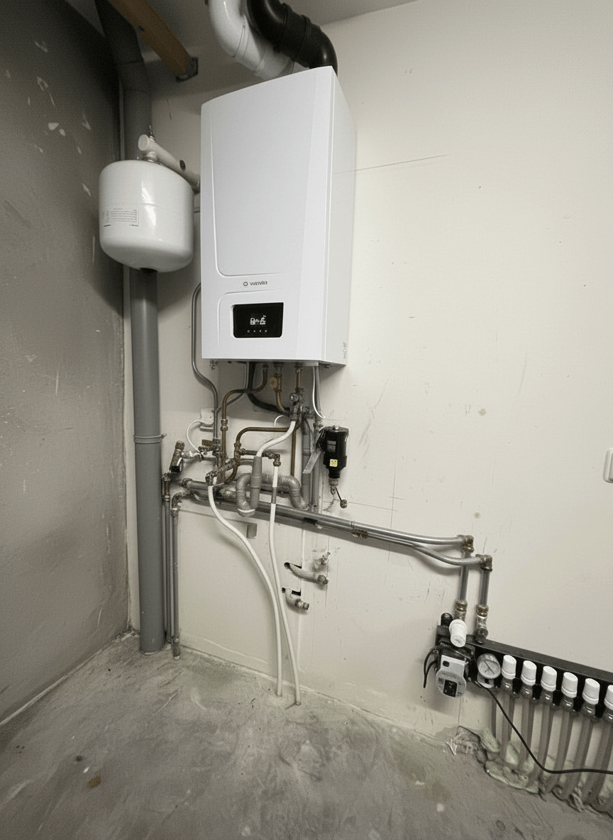 Nieuwe cv-ketel aan de muur met leidingwerk in een technische ruimte